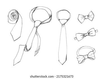 Father's Day collection of hand drawings of male accessories on white background. Ties and bow ties. Vector illustration.