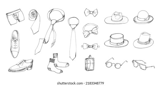 Father's Day collection of hand drawings of male fashion clothes and accessories on white background. Hats, glasses, ties, pants, socks, shoes. Concept set for summer holiday. Vector illustration.