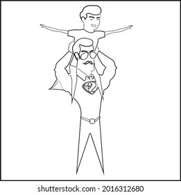 Father's Day Coloring Pages. Father's Day Card. Dad and Son playing. Black and white, linear, image. For the design of coloring books, prints, posters, stickers, tattoos...