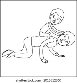 Father's Day Coloring Pages. Father's Day Card. Dad and Son playing. Black and white, linear, image. For the design of coloring books, prints, posters, stickers, tattoos...