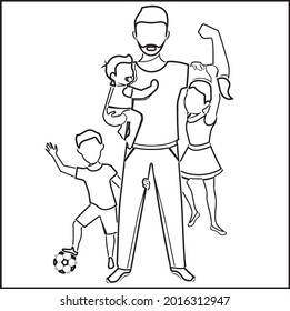 Father's Day Coloring Pages. Father's Day Card. Dad, Son and Daughter Standing. Black and white, linear, image. For the design of coloring books, prints, posters, stickers, tattoos..