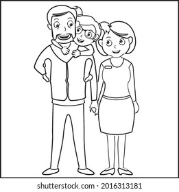 Father's Day Coloring Pages. Father's Day Card. Dad, Wife and Daughter Standing. Black and white, linear, image. For the design of coloring books, prints, posters, stickers, tattoos...