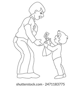 Father's Day Coloring Pages. Father's Day Card.Dad, Son  Daughter Standing. Black and white, linear, image. For the design of coloring books, prints, coloring , color, vector, fathers day