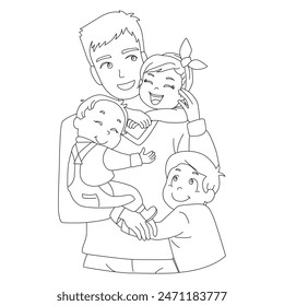 Páginas para colorear del Día del Padre. Tarjeta del Día del Padre. Papá, hijo, hija de pie. Blanco y negro, lineal, Imagen. Para el diseño de libros para colorear, estampados, colorear, color, Vector, día del padre