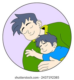 father's day commemorative cartoon doodle illustration, father and son hugging sleeping together, creative drawing 