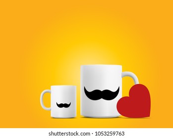 Father's Day concept art with two mugs, one depicting the father and the other depicting the son with a love heart- Vector Illustration