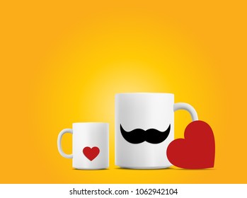 Father's Day concept art with two mugs, one depicting the father and the other depicting the daughter with a love heart- Vector 