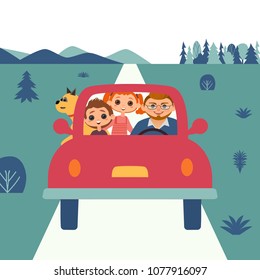 Father's day concept. Cute comic cartoon. Happy man, his kids boy and girl, pet dog go by car for fun outdoor leisure. Dad, son, daughter together journey. Family happiness vector banner background