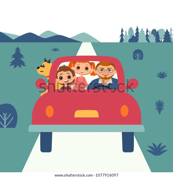 Father\'s day concept. Cute comic cartoon.\
Happy man, his kids boy and girl, pet dog go by car for fun outdoor\
leisure. Dad, son, daughter together journey. Family happiness\
vector banner\
background