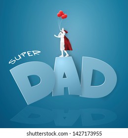 Father's Day concept with Dad is raising his son above his head and red balloon on blue background .My daddy is my hero, ,paper craft style
