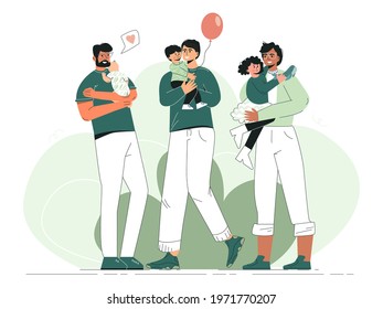 Father's day concept Diverse multiethnic dads hugging children. Set of happy single father with baby son and daughter together. Handsome man with  kid. Flat vector cartoon illustration of fatherhood