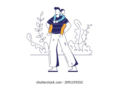 Fathers day concept in flat line design for web banner. Little son is riding his father's back. Happy family celebrate holiday, modern people scene. Vector illustration in outline graphic style