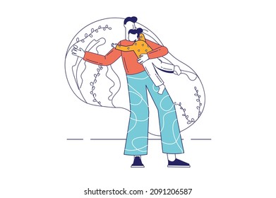 Concepto de día del padre en diseño de línea plana para banner web. Papá abrazando y sosteniendo a la pequeña hija. Feliz fiesta familiar, escena de gente moderna. Ilustración del vector en el estilo gráfico de contorno