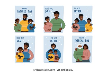 Fathers day concept greeting cards. Set of posters with father and children. Concept of family, holiday celebration. Vector hand drawn templates.