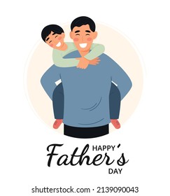 Father's day concept. Happy dad holding his son. Vector illustration in flat cartoon style.