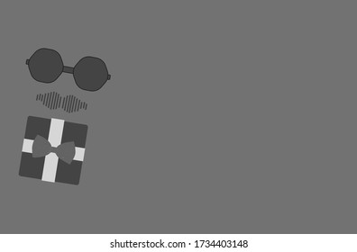 father's day concept illustration vector. black glasses, bow tie, gift packet and mustache on grey background. flat design. elegant