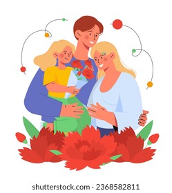 Vatertagskonzept. Mann und Frau mit Tochter mit Blumenstrauß. Internationale Feiertage und Festival. Elternschaft und Kindheit. Cartoon-FlachVektorgrafik einzeln auf weißem Hintergrund