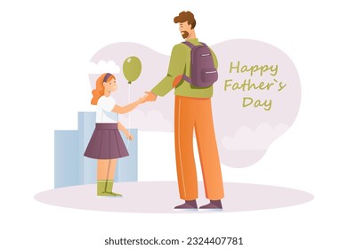 Fathers day concept with people scene in the flat cartoon style. A girl wishes her dad a happy father's day. Vector illustration.