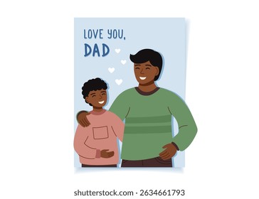 Fathers day concept poster. Greeting card with father and son. Concept of family, holiday. Vector hand drawn background.