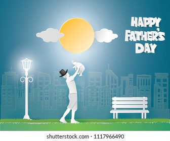 Father's Day  concept.Dad is raising his son above his head on the park in the morning background,vector and illustration.paper craft style