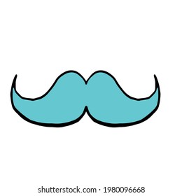 Father's day concept. Simple hand drawn blue mustache isolated on white. Whisker symbol in color. Vector illustration. Doodle post card template.