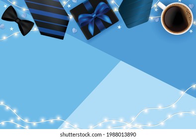 Father's day concept vector illustration blue background. Fathers day banner with necktie, bow, coffee cup, gift box and fairy lights.