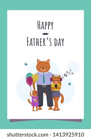 Father's day congradulation. Anthropomorphic father cat with children, little kitten daughter and teenager kitty . Happy family. 