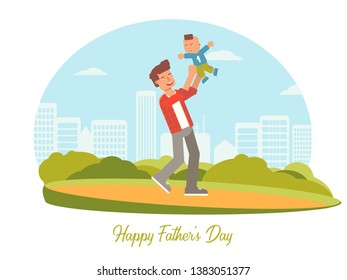 Fathers Day congratulation vector template.Dad playing with son flat characters. Parents and kids leisure activities, pastime. Young father with child having fun in park isolated clipart. Family time