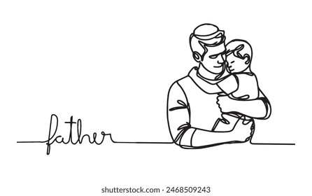 Father's Day, continuous line style illustration of a father hugging his son, white isolated background. 