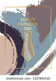 Father's Day cool vector card. Brown blue black paint brush strokes background, gold glitter shining text. Dads holiday trendy greeting card with gold calligraphic Happy Father's Day text on blue.