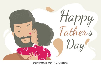 Father's day cute flat design cartoon characters background, father 's got a big kiss from his child