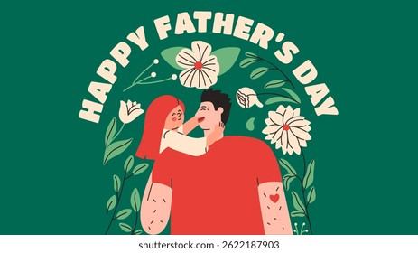 Dia dos Pais bonito mão desenhada ilustração com pai e filha. Projeto de vetor festivo com família feliz.
