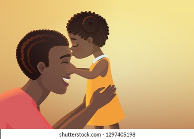 Father's Day. Cute little black african american daughter girl kid kisses her happy father dad cartoon vector illustration. 