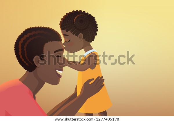 父の日 かわいい黒いアフリカ系アメリカ人の娘の子どもは 父親の幸せな漫画のベクターイラストにキスする のベクター画像素材 ロイヤリティフリー