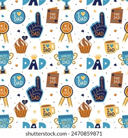 Iconos de la apreciación del papá del día del padre en el diseño blanco sin costuras del patrón