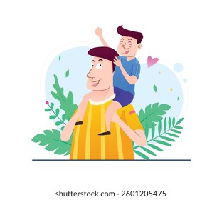 Father's day dad and children playing Flat Illustration