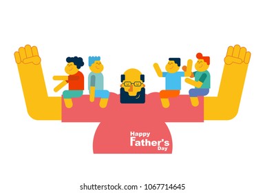 Father's Day. Dad holds children in his arms. Kids are sitting on their father.  