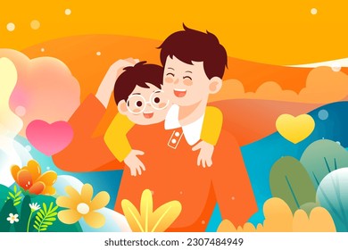 Father's day, dad hugging his son with plants and sky in the background, vector illustration