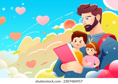 Father's day, dad hugging his son with plants and sky in the background, vector illustration