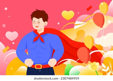 Father's day, dad hugging his son with plants and sky in the background, vector illustration