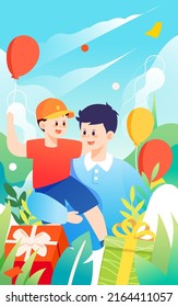 Father's day dad and son playing together with various plants and gift boxes in the background, vector illustration