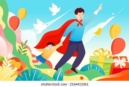 Father's day dad and son playing together with various plants and gift boxes in the background, vector illustration