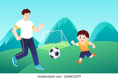 Father's day dad and son playing together with various plants and gift boxes in the background, vector illustration