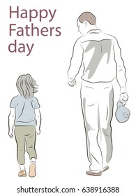 Father's Day. Dad is walking beside her daughter. Colored Vector illustration.