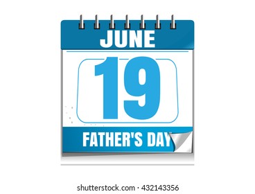 Fathers Day date. Blue wall calendar. Fathers Day date in the calendar. 19 June. Wall calendar isolated on white background. Vector illustration