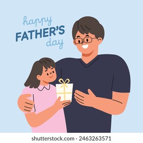 Father's day, daughter gives a gift to dad. Happy family. Flat cartoon style vector illustration