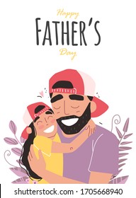 Fathers day. Daughter hugs dad and smiling. Family holiday and togetherness. People in caps