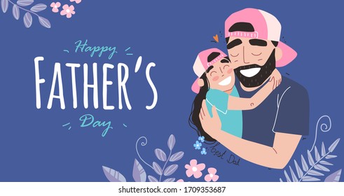Fathers day. Daughter hugs dad and smiling. Family holiday and togetherness. People in caps
