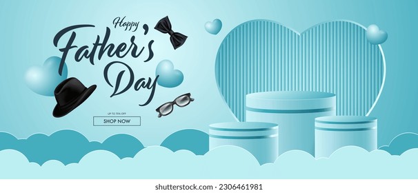 Father's day design. Father's day background design created with bow tie, hat, glasses and hearts. Father's day template for banner and banner. Realistic podium and shopping template for promotion and