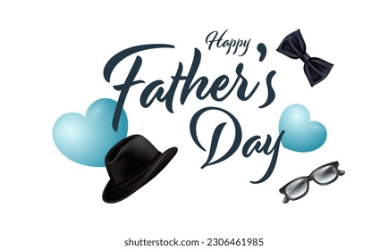 Father's day design. Father's day background design created with bow tie, hat, glasses and hearts. Father's day template for banner and banner. Realistic podium and shopping template for promotion and